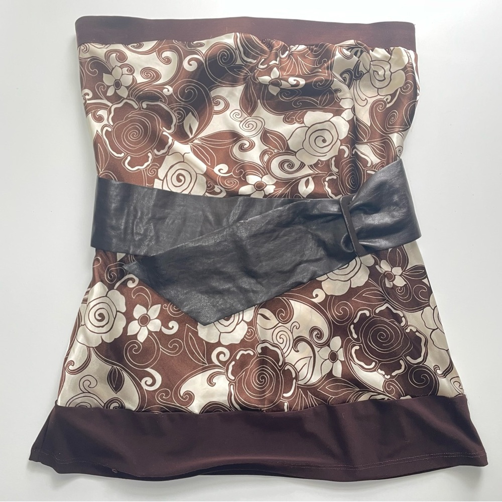 Brown and cream floral strapless top with faux leather belt